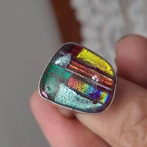 Vintage Silver Mexico Rainbow Dichroic Glass Statment Ring